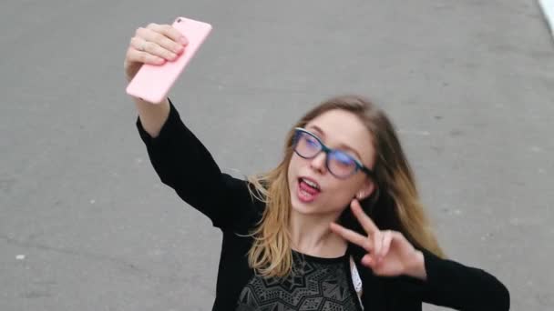 Velmi krásná a milá dívka v brýlích je Selfie cestování na růžový telefon. Žena s úsměvem a fotografoval sami na telefonu. Ona je šťastná — Stock video