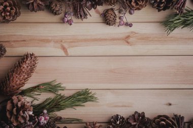  Ahşap bir arka planda çelenklerle süslenmiş Noel konileri. Ağaç dalında çam kozalakları. Kopyalama alanı olan kış arkaplanı. Üst Manzara. Düz yatıyordu