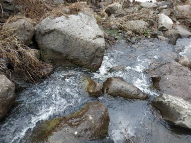 Vahşi dağ soğuk nehir, taşlar ve kayalar.