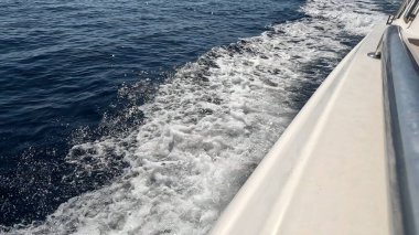 Güzel Kızıl Deniz Suyu 'nda yüzen sürat teknesi. Yüzeyde Jet Ski Akışı. Deniz Maceraları ve Seyahat Konsepti. Rahatlatıcı Okyanus Atmosferi.