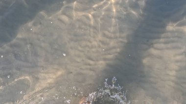 Dişi Ayaklar Islak Kum Kıyısında Okyanus Dalgalarına Yürüyor. Deniz kenarında çıplak ayakla su sıçratma ve beyaz köpükle yürümek. Huzurlu Tatil ve Rahatlama Konsepti. Sudaki Bacak ve Ayaklara Odaklan.