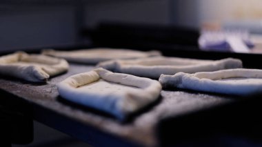 Fırın Çalışma Süreci. Profesyonel Fırın Mutfağında Tatlı Kek İşlemi Yapıyorum. Fırıncıların çalıştığı Sweets Pastanesi Üretim Süreci. Şekerleme Üretimi ve Endüstriyel Pasta Hazırlığı. Hamur ve Tatlı Yapımı Konsepti.