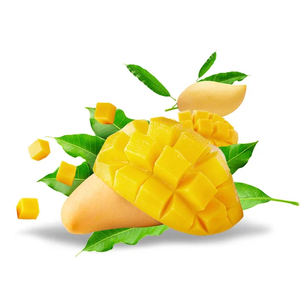 Frutta Mango Con Cubetti Mango Fette Isolate Fondo Bianco — Foto Stock