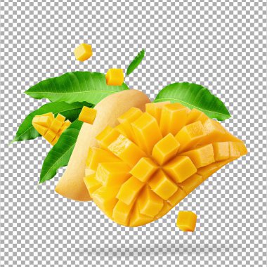 Mango meyvesi, mango küpleri ve dilimli alfa arkaplanı üzerinde kırpma yolu ile izole edilmiş..