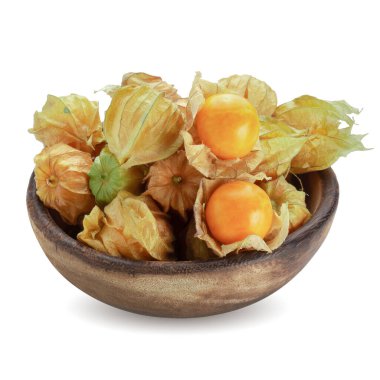 Böğürtlen Burnu, Physalis meyvesi veya beyaz arka planda izole edilmiş altın çilek.