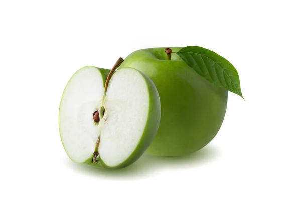 Green Apple Green Leaf Cut Slice Seed Isolated White Background — Stock Photo, Image