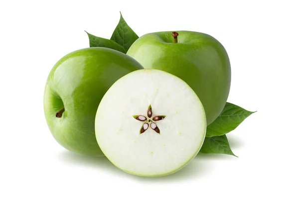 Zielone Jabłko Zielonym Liściem Krojone Plasterki Nasion Izolowanych Białym Tle — Zdjęcie stockowe