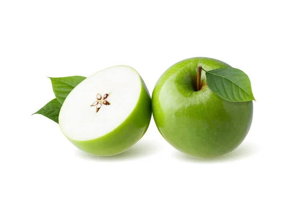 Зелене Яблуко Зеленим Листом Нарізаним Скибочками Насінням Ізольовано Білому Тлі — стокове фото