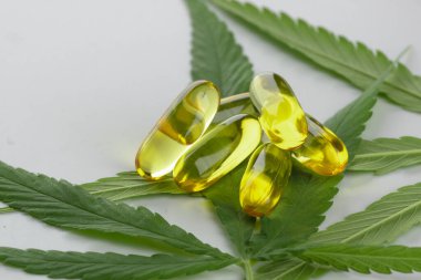 Esrar temel yağ kapsülleri beyaz arka planda esrar yaprakları ile.