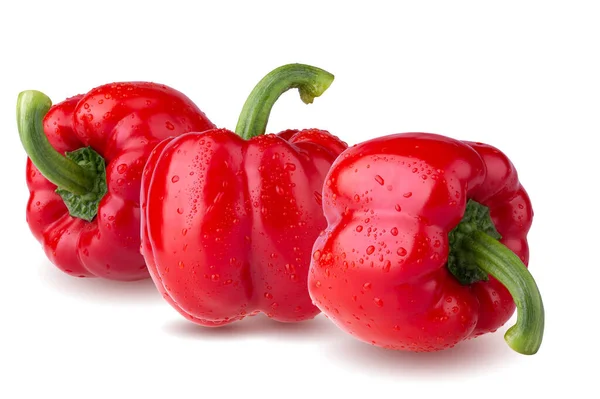 Gotas Agua Sobre Pimiento Rojo Aislado Sobre Fondo Blanco — Foto de Stock