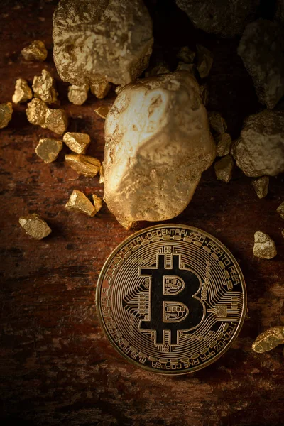 Bitcoin Oro Físico Bitcoin Criptomoneda Granos Pepita Oro — Foto de Stock