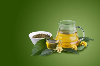 Cup of Kratom tea with fresh green kratom leaf or Mitragyna speciosa with kratom Flower isolated on green background clipart
