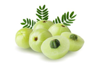 Yeşil yapraklı ve beyaz arka planda izole edilmiş Hint bektaşi üzümü meyveleri.