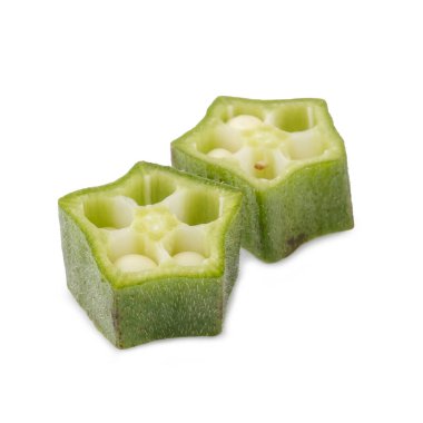 Bamya sürüsü. Beyaz bir arka planda izole edilmiş kadın parmağı ya da bamya olarak da bilinir.