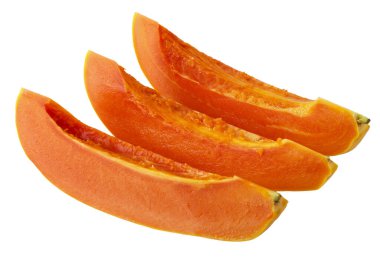 Pürüzsüz turuncu derili olgun Hollanda papayaları ve beyaz bir arka planda izole edilmiş canlı et.