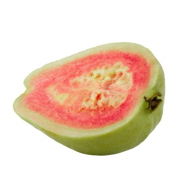 Parlak yeşil dış meyveli guavaların içinde kırmızı et vardır, beyaz bir arka planda izole edilmiş.