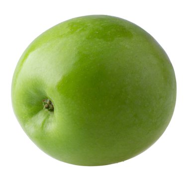 Yeşil yapraklı yeşil elma ve beyaz arkaplanda izole edilmiş tohumla kesilmiş dilim..
