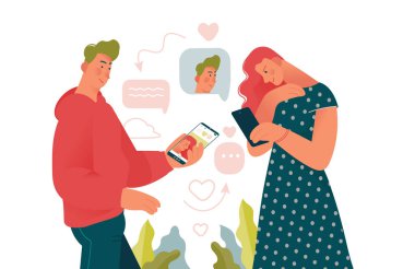 Genç güzellik uzmanı ve kadın gezici uygulamalardaki çiftleri arıyor. Tasarımcı şablonları için çevrimiçi randevu yaratıcı kavramları. Renkli çizgi film vektör çizimi, düz tasarım.