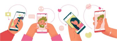 Randevu sitesinde kadın ve erkek profili olan akıllı telefonları tutan eller. Gençler tanışma sitesinde bir çift arıyor. Tasarımcılar için renkli karikatür vektör çizimi. Düz tasarım