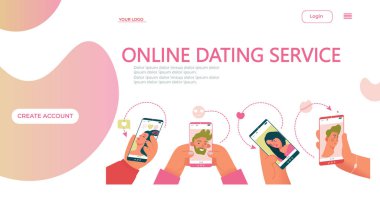 Online randevu servisi uygulama şablonu. Sosyal medyaya iniş sayfası konsepti, çöpçatanlık sitesi uygulaması. Düz çizgi film vektör çizimi. Randevu sitesi uygulamasında kadın ve erkek profili olan akıllı telefonları tutan eller.