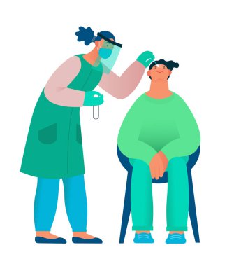 Koruyucu ekipmanlı sağlık çalışanı beyaz adama koronavirüs örneği veriyor. Burun çubuğu. Coronavirus testi. Düz çizgi film vektör çizimi.