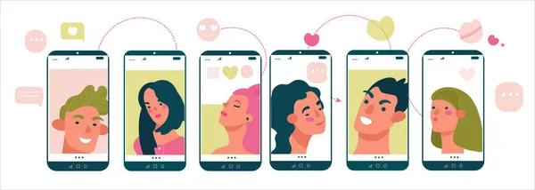 Portretten Van Schoonheidsmensen Mobiele Schermen Online Dating Concept Voor Dating — Stockvector