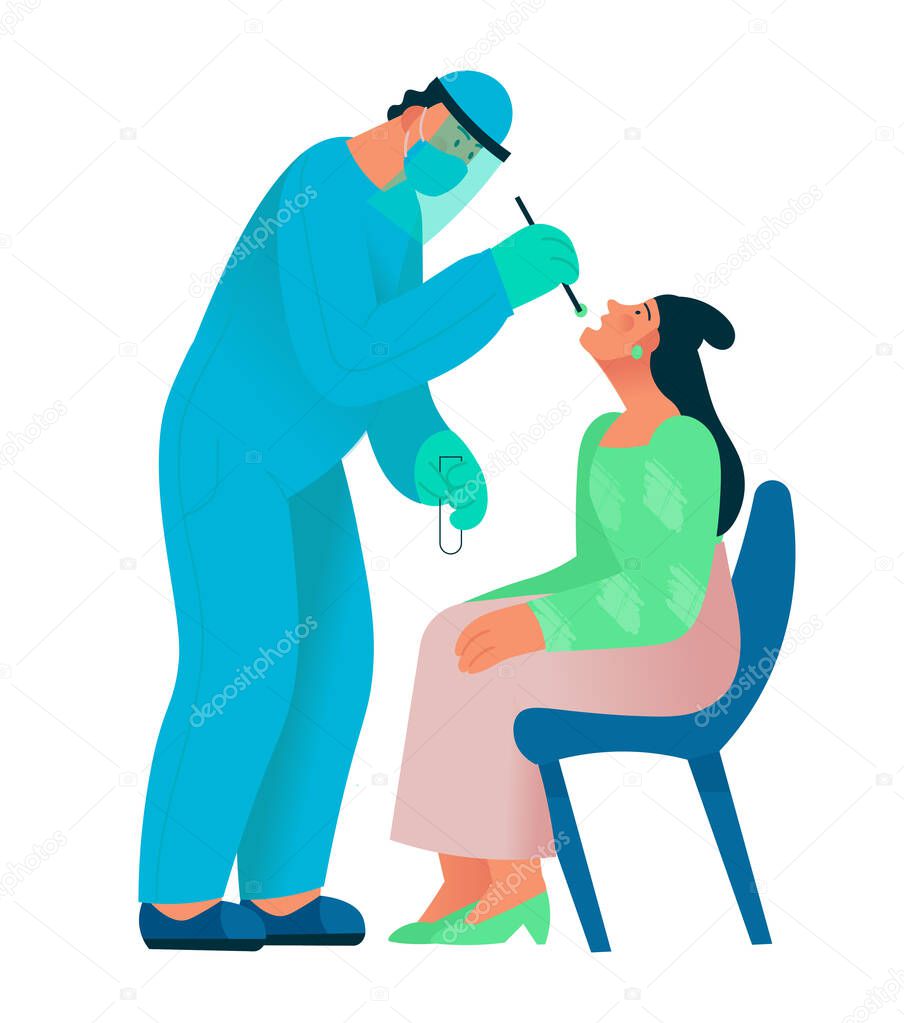 Healthcare worker with protective equipment performs coronavirus swab on Caucasian woman. Buccal swab probe. Coronavirus testing. Flat cartoon vector illustration.