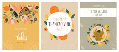 Şükran Günü tebrik kartları ve davetiyeler. Şükran Günü 'nü kutluyoruz. El çizimi vektör illüstrasyonuName.