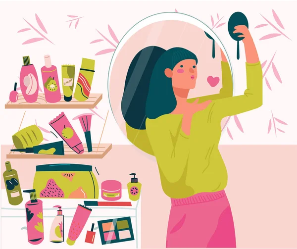 Mulher Jovem Bonito Frente Espelho Face Body Care Concept Ilustração — Vetor de Stock