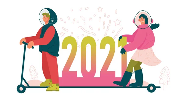 Nowy Rok 2021 Twórcza Koncepcja Ilustracja Kobieta Mężczyzna Kasku Ochronnym — Wektor stockowy