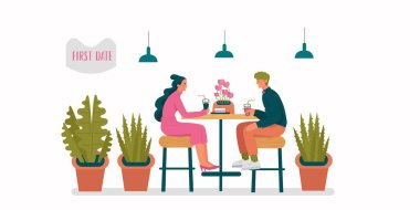 Kafedeki ilk buluşmada genç ve güzel bir çift. Kadın ve erkek gerçek hayatta ilk kez tanışırlar. Online flört yaratıcı konsepti. Çeşitli tasarımcılar için Çizgi film Vektör illüstrasyonu şablonları.
