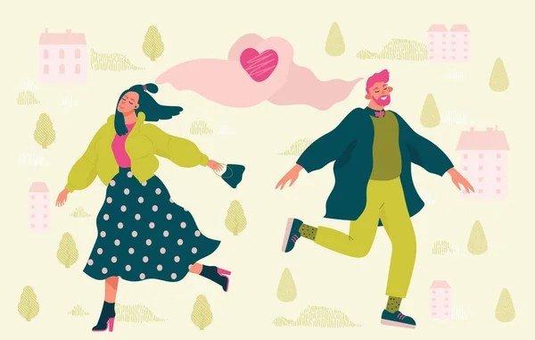 Χαριτωμένος Χαρούμενος Άντρας Και Γυναίκα Περπατώντας Μετά Πρώτο Ραντεβού Και — Διανυσματικό Αρχείο