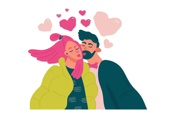 Schattig Verliefd Stel Man Vrouw Zoenen Concepten Voor Valentijnsdag Vector — Stockvector