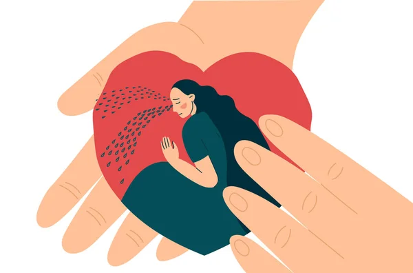 Hands Hold Heart Crying Woman Girl Compassion Support Comfort Help — Stock Vector