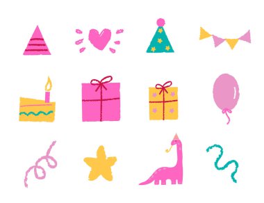 Bir dilim doğum günü pastası, hediye kutusu, parti konisi şapkası, parti balonu ve üçgen kiraz çiçekli pastalar. Doğum günü kartları, davetiyeler ve diğer çocuklar için mükemmel..