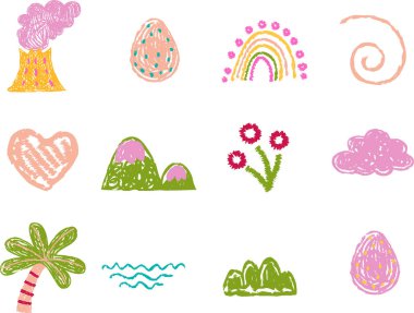 Çocuk projeleri için pastel boya seti. Tarih öncesi dinozor yumurtası, volkan, gökkuşağı ve okul için bulut ve anaokulu kullanımıyla sevimli çocuksu bir pastel çizim. Mutlu naif karalama elementleri.