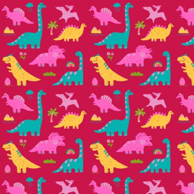Bebek dinozor çizgi filmi tekstil illüstrasyon vektör tasarımı şirin çocuklar için. Giysiler ve duvar kağıtları için kusursuz bir desen. Çocuklar için renkli tarih öncesi sanat.
