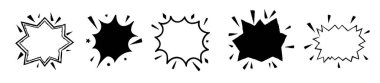 Beyaz arka planda izole edilmiş siyah patlama konuşma baloncukları. Diyalog ve ses efektleri için asgari çizgi roman şekilleri. Grafik tasarımı, posterler ve görsel iletişim için harika.