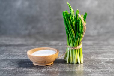 Taze toplanmış yeşil sarımsak buketi gri arka planda, tuzlu. Sağlıklı yeşil pırasa ya da yabani sarımsak yaprakları.