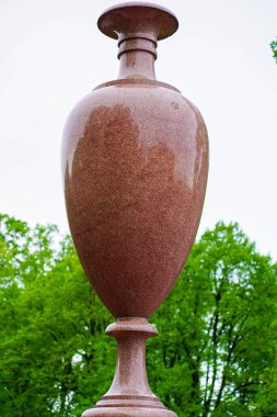 Saint Petersburg, Russia - 1,07, 2021: Porphyry vase in Summer Garden. Elfdaler porphyry vase, a gift to Emperor Nicholas I from the Swedish King Charles XIV.