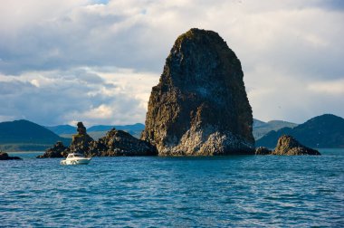 Pasifik Okyanusunda kayalar ve beyaz bir tekne..