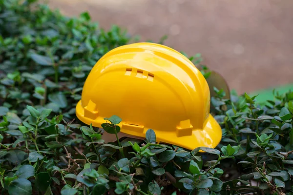 Żółty Kask Bezpieczeństwa Tle Natury Pracownicy Przemysłowi Lub Koncepcja Sprzętu — Zdjęcie stockowe