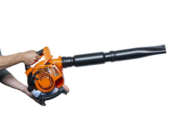 Chiudi Mani Tenendo Air Blower Tool Leaf Blower Isolato Bianco — Foto Stock