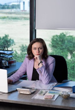 Şüpheci iş kadını ne yapacağından emin değil. Ofiste saçma sapan davranan asık suratlı bir palyaço gibi davranıyor. Masada oturan komik bir ofis çalışanı. Dolar, şekel para, hesap makinesi ve dizüstü bilgisayar masada.