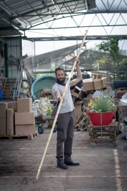 Hipermarketten, bahçe merkezinden bambu alan beyaz sakallı Amerikan adamın portresi. Rus alıcı ahşap dükkanında bambudan dekoratif çit seçiyor. Elinde bambu kütüğü tutan İsrailli adam.