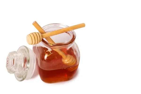 Good Isolated Glass Jar Full Honey Wooden Stick White Background — Stock Photo, Image