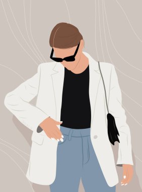 Tarz sahibi güzel bir kızın vektör moda çizimi. Özel Dijital Portre. Düz Çizim Portresi. 