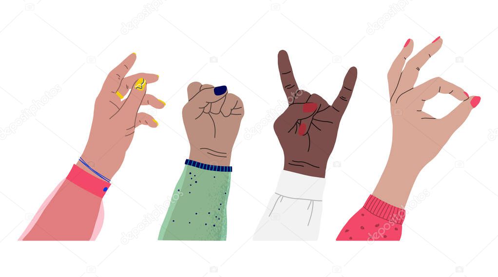 Set of minimalistic colored female hands art drawings symbols or signs. Diverse young people hands, male, female, multicultural group, multi ethnic team, cultural diversity concept.