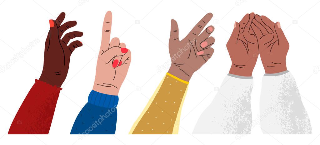 Set of minimalistic colored female hands art drawings symbols or signs. Diverse young people hands, male, female, multicultural group, multi ethnic team, cultural diversity concept.