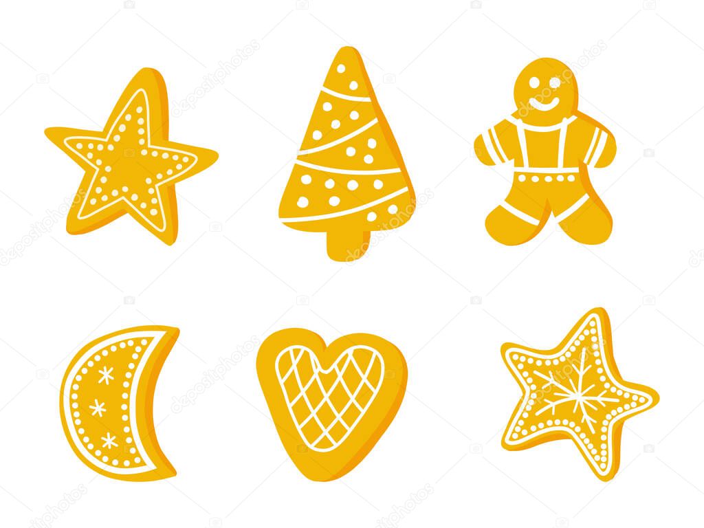 Christmas cookies . Vector hand-drawn illustration of gingerbread sweets, decorated for the holidays. Gingerbread man with hearts and stars.